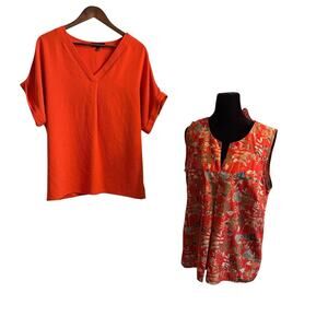 Women’s Size L Blouse Bundle - Fred David Orange V-Neck Top & Crosby Red Floral